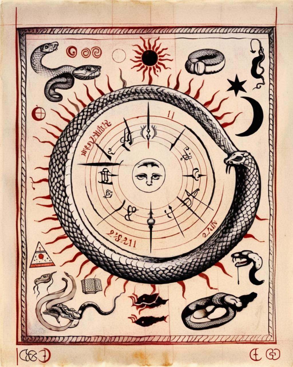An evocative drawing presents a sun,  moon,  and snake interwoven in a dance of symbolism on Tensor.Art