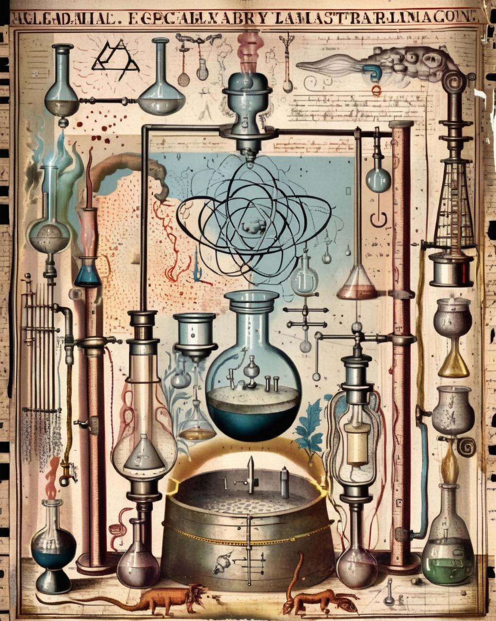 A faded illustration depicts an alchemist's laboratory,  filled with intricate apparatus and vessels,  conveying the metic...
