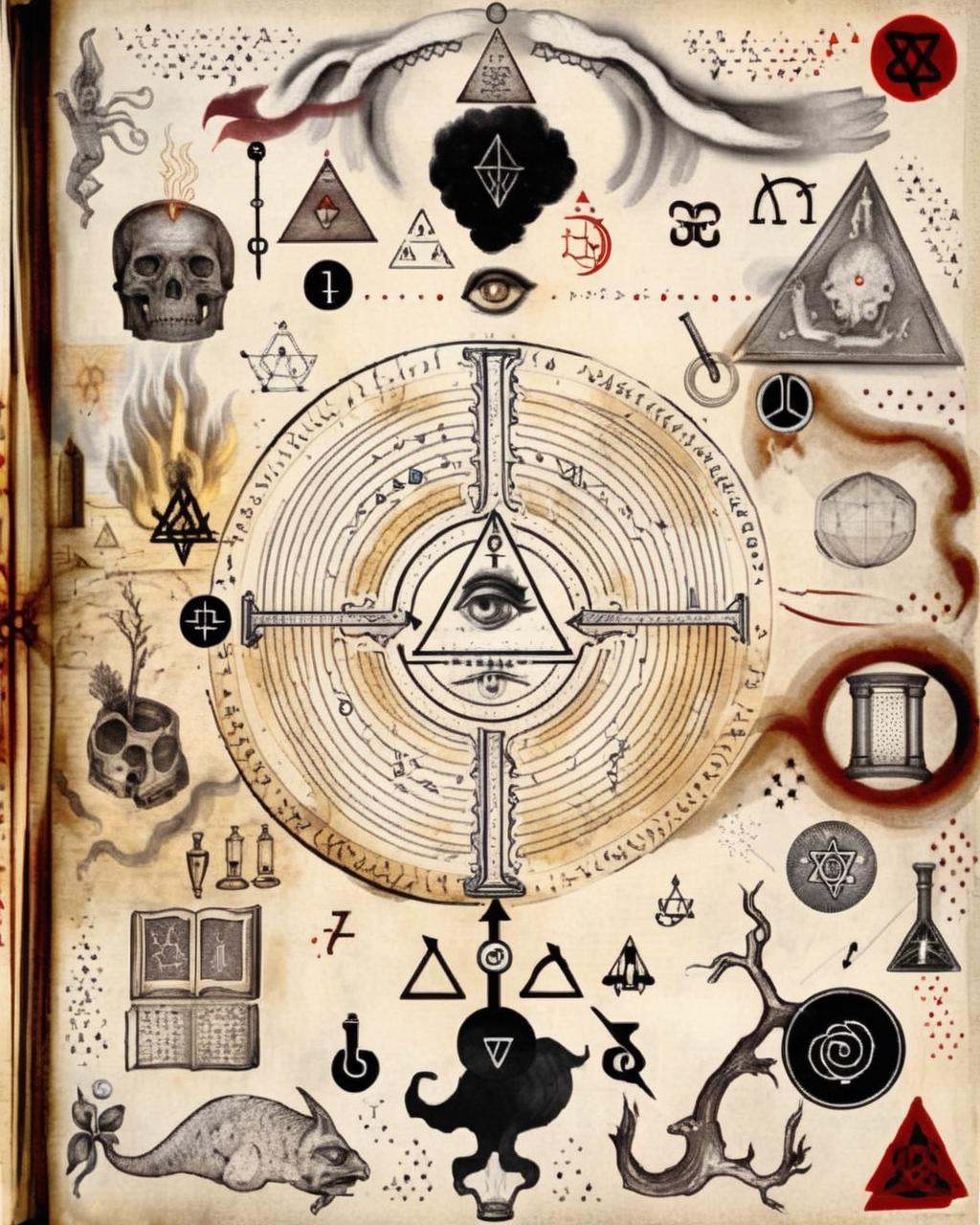 An enigmatic alchemy magic book page is adorned with cryptic symbols and mystical sigils,  offering glimpses into the hidd...