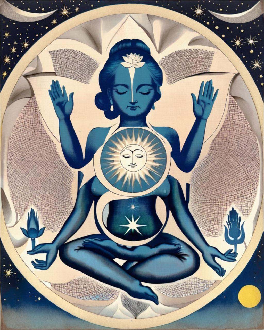 A statue of a woman seated in a lotus position exudes serenity,  her visage directed toward the starry backdrop. The circu...
