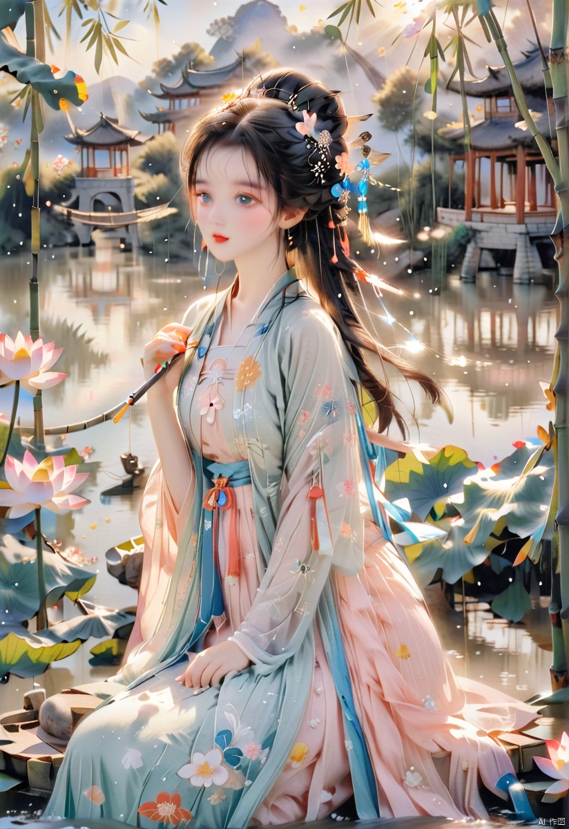  (sunlight, beautiful sky, floating hair, Fisheye lens lens, dynamic angle, distant view, panorama ,overlook,barefoot), ((Ancient_Chinese_architecture)), (short sleeves),with a combination of Morgan colors, Qiu Ying's painting style, And high end color matching, ((A beautiful girl sitting on a bamboo raft in the water, swimming downstream, Huge lotus, rain, (full body), aqua_china_dress)), (bright light,fantasy), ((spotted light)),1 girl, ((black hair, shy, blush)), arien_hanfu, (\hui mou\), dingxianghua, guofeng, Anime style, dunhuang, hanfu, cexz1,cexz2,cexz3,cexz4,cexz5,changexian, dancedress,chinese cloths,song style outfits,bare_foot,stadning,full_body,flowers ,(innocent grey),fox girl,fairy, traditional chinese ink painting