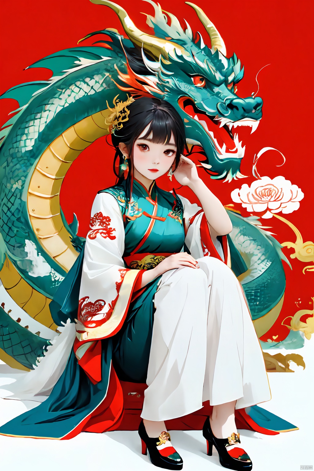  masterpiece, best quality, 1 girl, chinese dragon, cheongsam, cool face, sexy, high heels, model pose, red background, boy, dragon girl