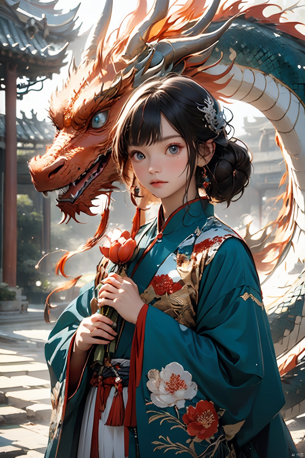  1boy, solo,,chinese clothes, eastern dragon,chinese new year,lantern, chinese new year, dragon girl