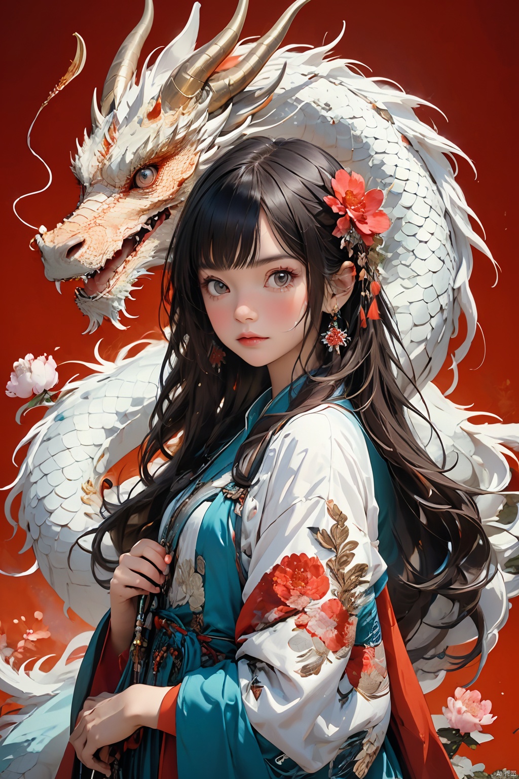  Young girl with dragon, peony flowers, Chinese elements, red background, Light master, dragon girl
