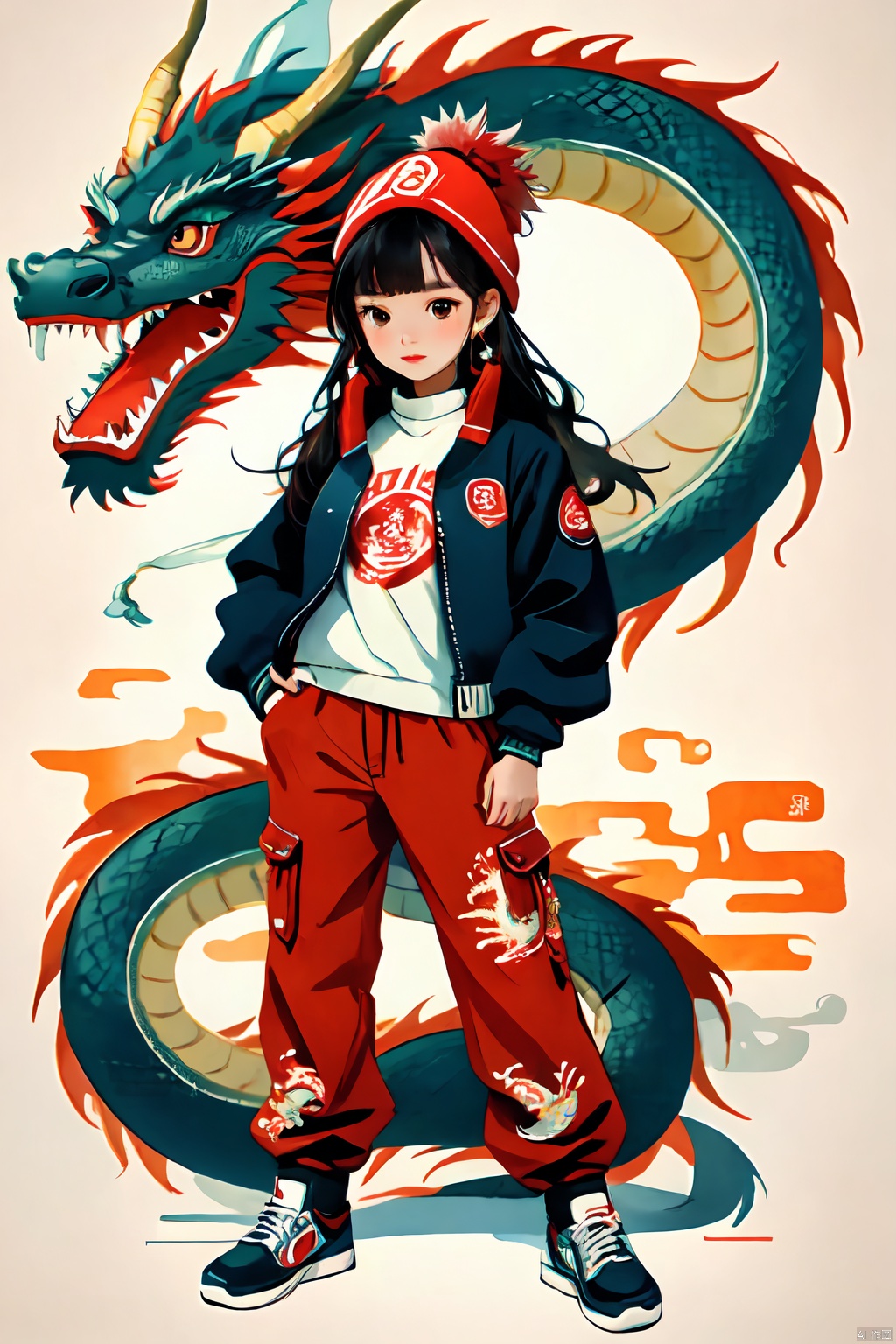  national tide,1girl, eastern dragon, dragon, pants, long hair, hands in pockets, shirt, red jacket, black hair, solo, white shirt, shoes, jacket, red knitted hat, looking at viewer, full body, sneakers, long sleeves, red background, standing, smile, blush, brown eyes, earrings, closed mouth, puffy long sleeves, simple background, bangs, black eyes, open jacket, dragon girl