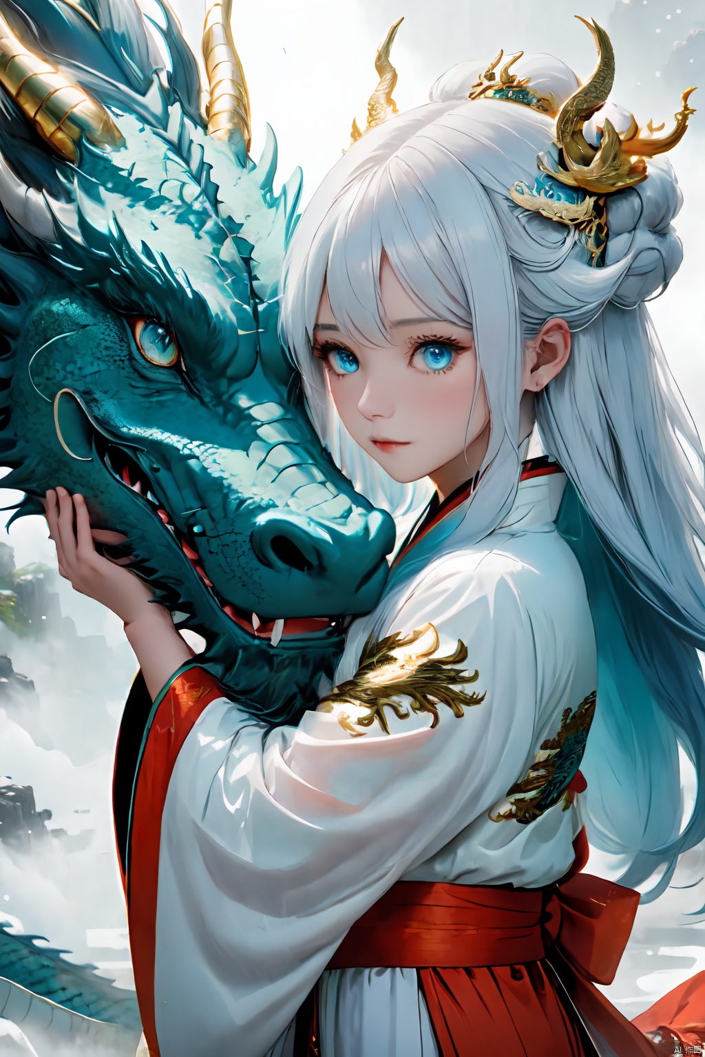  fantasy art of mythology, oriental, solo, womale focus,1gir and Chinese dragon ,thin,long blue hair,white hair ends,blue eyes,closed mouth,hanfu,(coral like hairpin), BREAK, hug, dragon, eastern dragon, surrounded by white mist, mysterious, scary, perfect environment, cinematic lighting, product photography, unreal engine, 8K, dragon girl
