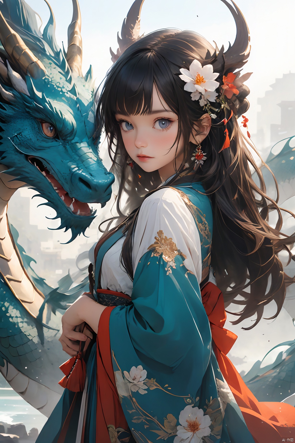  Girl and Dragon,1girl,flower, dragon girl