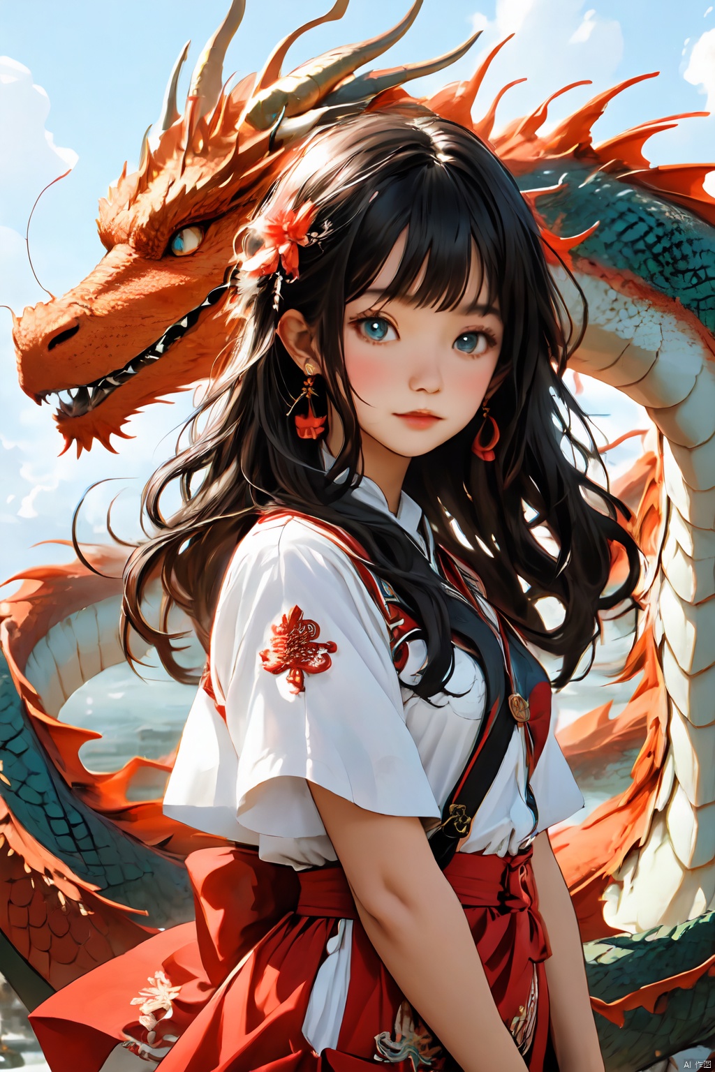  National tide,1girl,dragon,cloud,sky, dragon girl