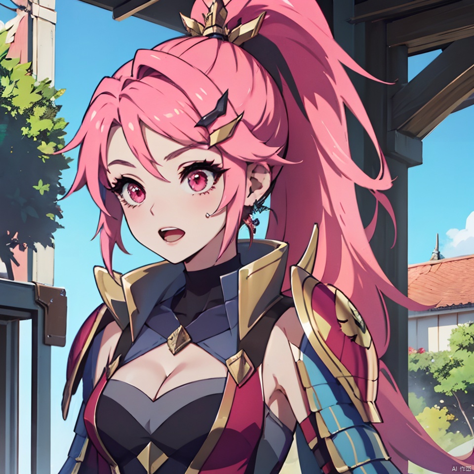 1girl, solo, long hair, breasts, open mouth, hair ornament, cleavage, upper body, ponytail, pink hair, outdoors, pink eyes, armor, shoulder armor1girl, solo, long hair, breasts, open mouth, hair ornament, cleavage, upper body, ponytail, pink hair, outdoors, pink eyes, armor, shoulder armor