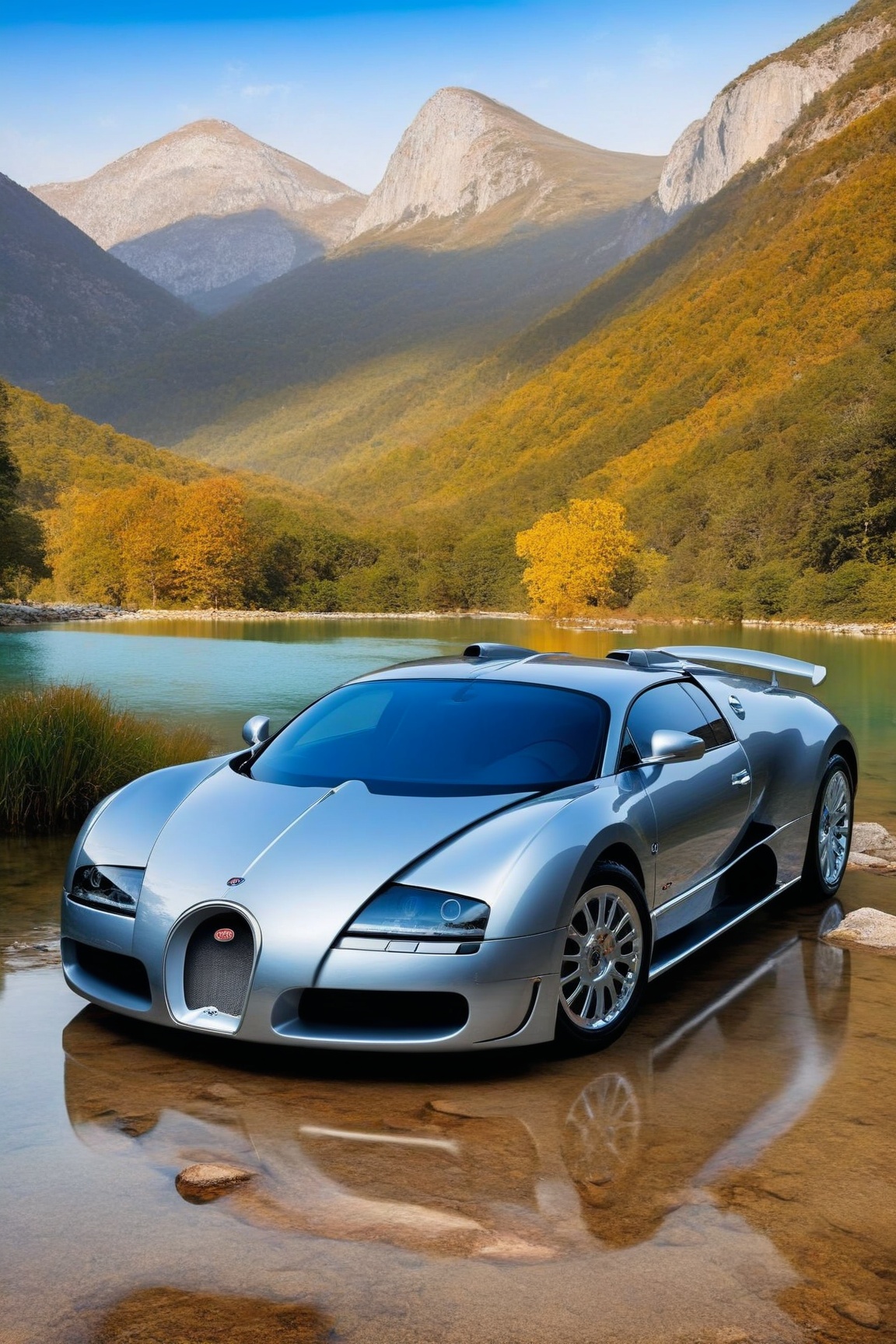 ((Hyper-Realistic)) photo of a Bugatti EB 218 \(1999 Bugatti EB 218 designed by Giorgetto Giugiaro\) parked,  (backdrop: b...