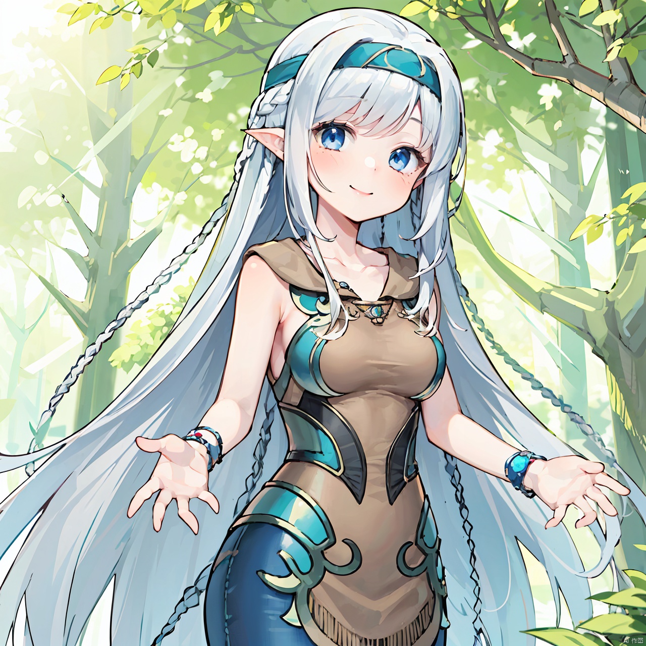  masterpiece, bestquality, Kisara, 1girl, solo, long hair, breasts, smile, blue eyes, dress, jewelry, very long hair, collarbone, braid, white hair, tree, headband, monster girl, nature, duel monster,