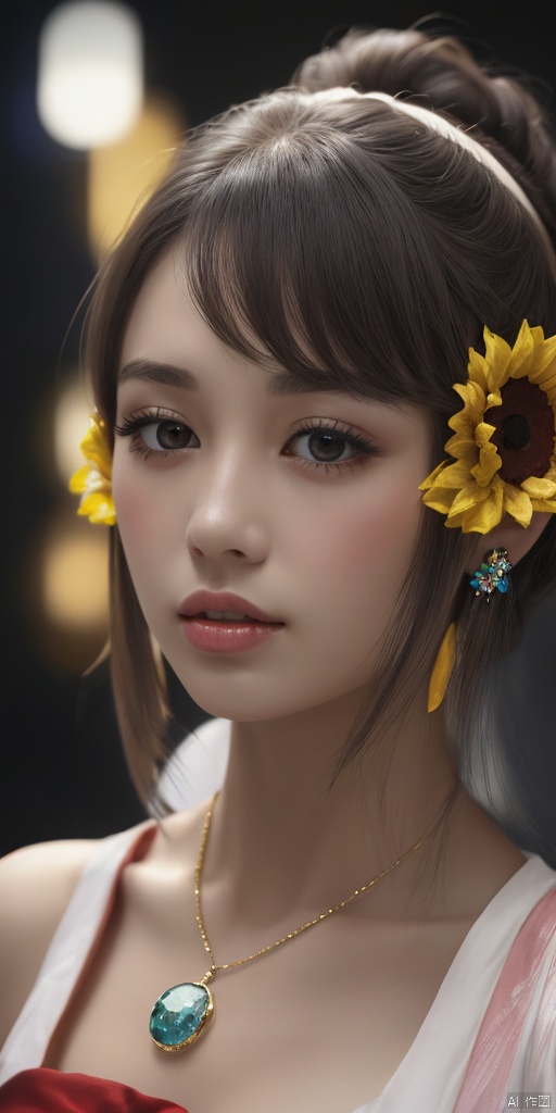 1girl,Han Chinese girls,gym_uniform,G-cup pectoral,A plump figure,A towering chest,chinese clothes,sunflower,jewelry, earrings,lips, makeup, portrait, eyeshadow, realistic, nose,{{best quality}}, {{masterpiece}}, {{ultra-detailed}}, {illustration}, {detailed light}, {an extremely delicate and beautiful}, a girl, {beautiful detailed eyes}, stars in the eyes, messy floating hair, colored inner hair, Starry sky adorns hair, depth of field,blurry, no humans, traditional media, gem, crystal, still life, Dance,movements, All the Colours of the Rainbow,zj,
simple background, shiny, blurry, no humans, depth of field, black background, gem, crystal, realistic, red gemstone, still life,