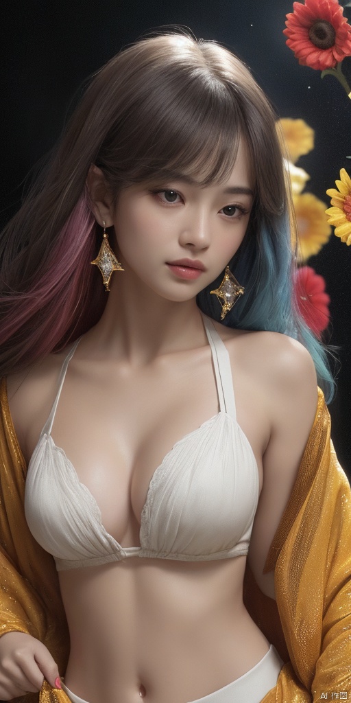 1girl,Han Chinese girls,gym_uniform,G-cup pectoral,A plump figure,A towering chest,chinese clothes,sunflower,jewelry, earrings,lips, makeup, portrait, eyeshadow, realistic, nose,{{best quality}}, {{masterpiece}}, {{ultra-detailed}}, {illustration}, {detailed light}, {an extremely delicate and beautiful}, a girl, {beautiful detailed eyes}, stars in the eyes, messy floating hair, colored inner hair, Starry sky adorns hair, depth of field,blurry, no humans, traditional media, gem, crystal, still life, Dance,movements, All the Colours of the Rainbow,zj,
simple background, shiny, blurry, no humans, depth of field, black background, gem, crystal, realistic, red gemstone, still life,