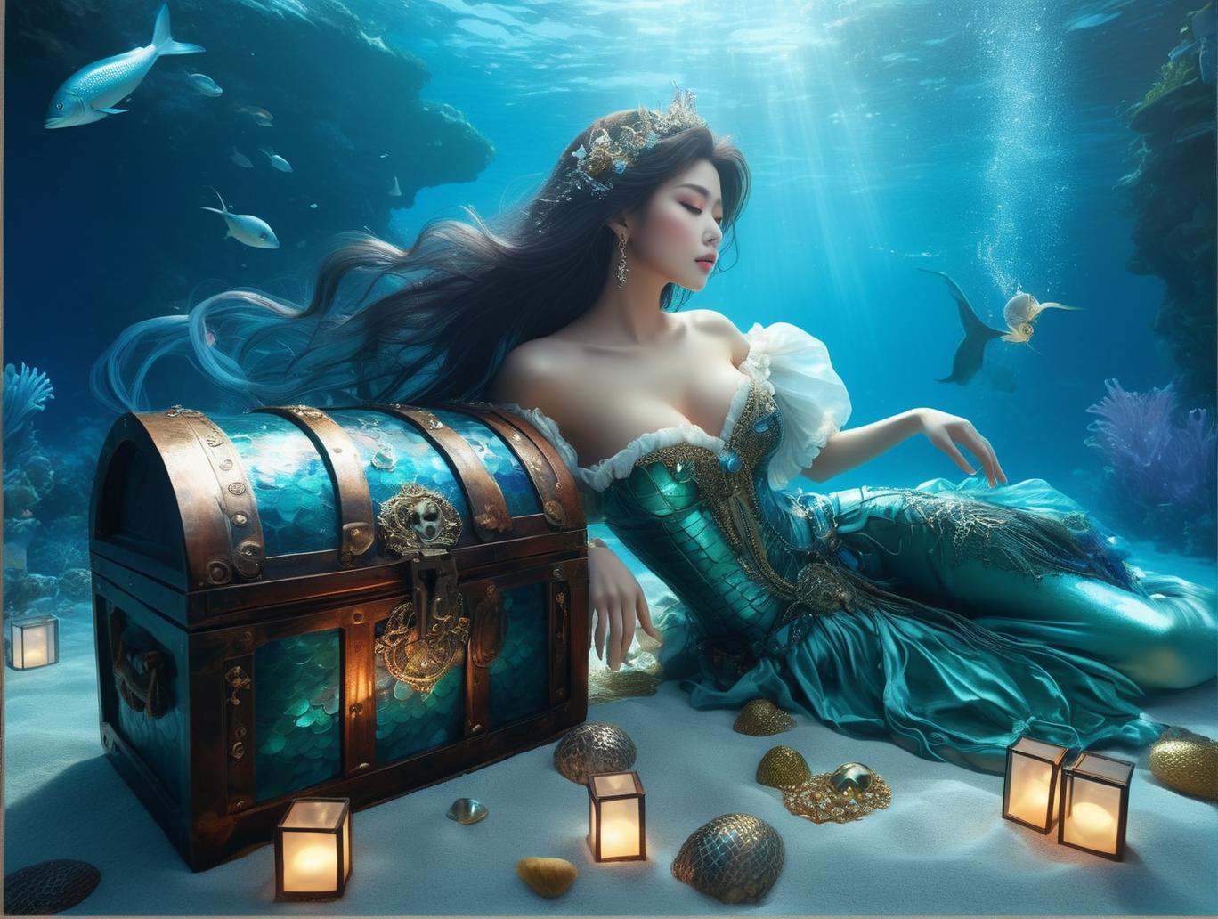 Descend into the depths of the ocean and discover an enchanting sight: a mesmerizing mermaid gracefully nestled upon a sun...