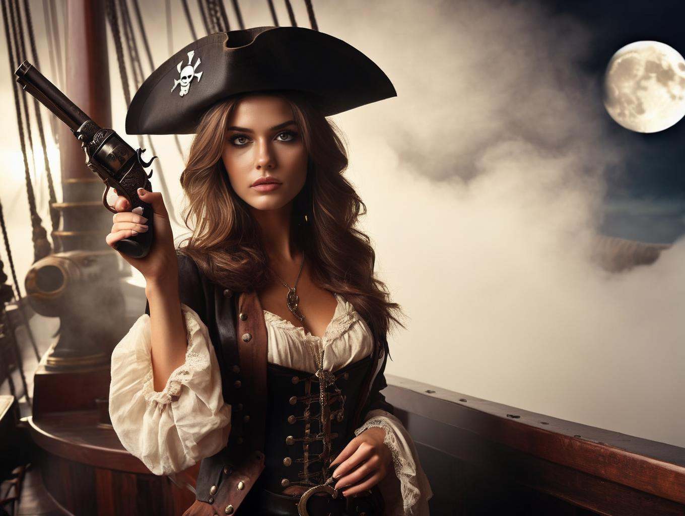 female pirat on ship with old pistol,  fog,  moon((photo in style Marco Pandullo)) on Tensor.Art