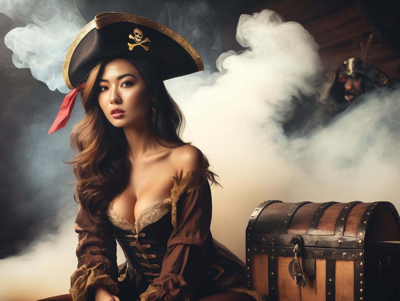 a asian woman in a pirate costume sitting on a trunk with a chest in the background and smoke coming from her chest behind...