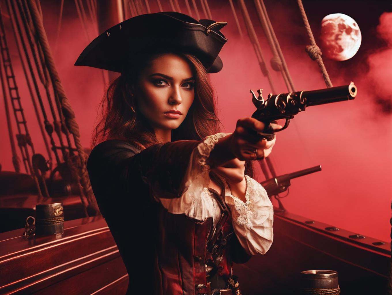 female pirat on ship with old pistol,  red fog,  moon((photo in style Marco Pandullo)) on Tensor.Art