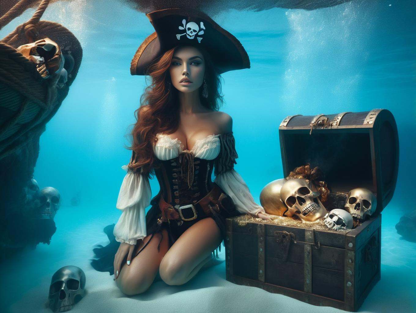 (Gorgeous Photo) a woman in a pirate costume sitting on a trunk in the water with a skull and a skull in the background an...