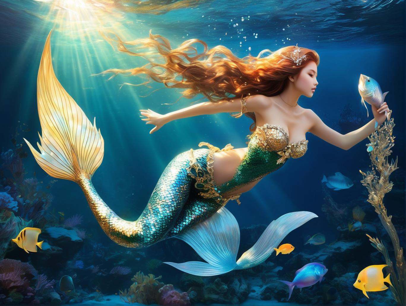 Descend into the depths of the ocean and discover an enchanting sight: a mesmerizing mermaid gracefully nestled upon a sun...