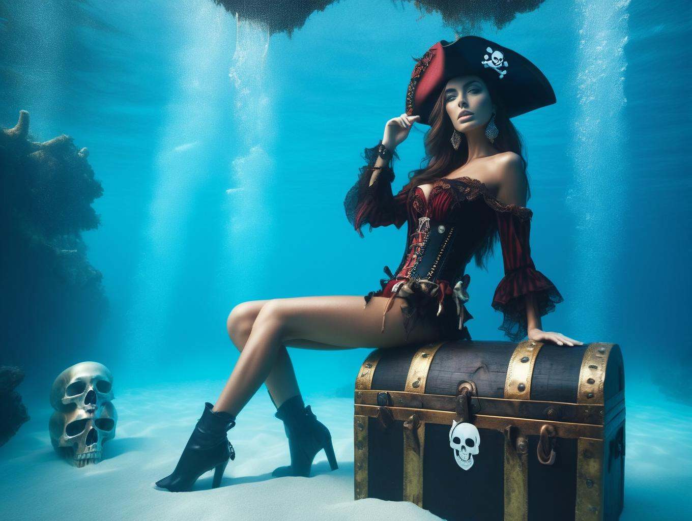 (Gorgeous Photo) a woman in a pirate costume sitting on a trunk in the water with a skull and a skull in the background an...