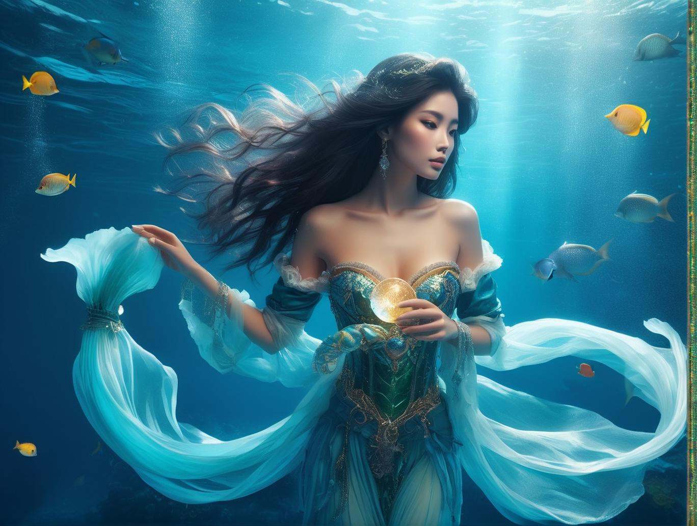 Descend into the depths of the ocean and discover an enchanting sight: a mesmerizing mermaid gracefully nestled upon a sun...