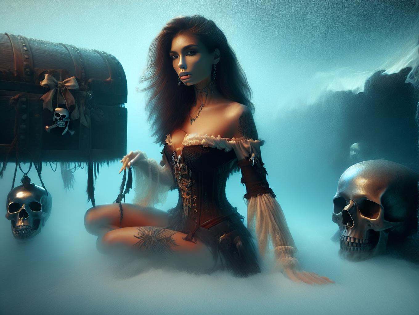 (Gorgeous Photo) a woman in a pirate costume sitting on a trunk in the water with a skull and a skull in the background an...