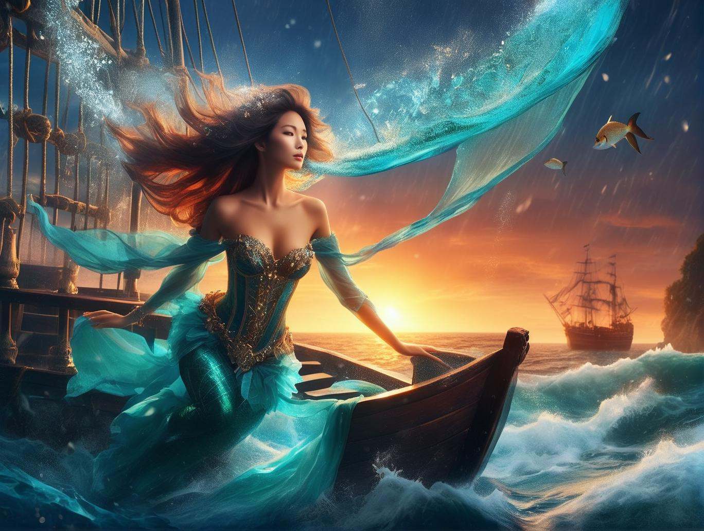 Descend into the depths of the ocean and discover an enchanting sight: a mesmerizing mermaid gracefully nestled upon a sun...