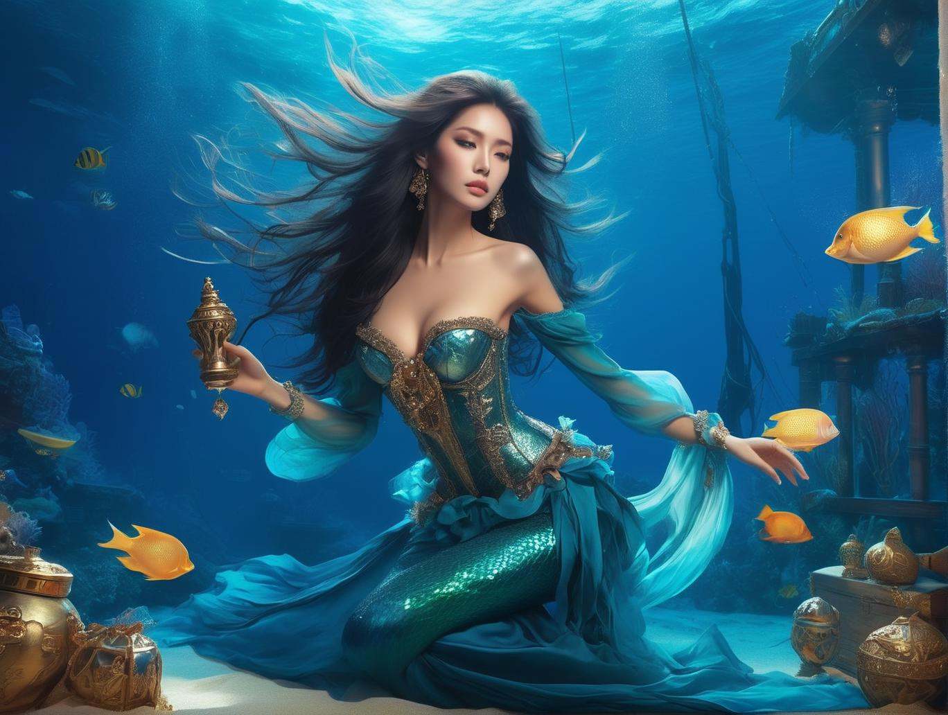 Descend into the depths of the ocean and discover an enchanting sight: a mesmerizing mermaid gracefully nestled upon a sun...