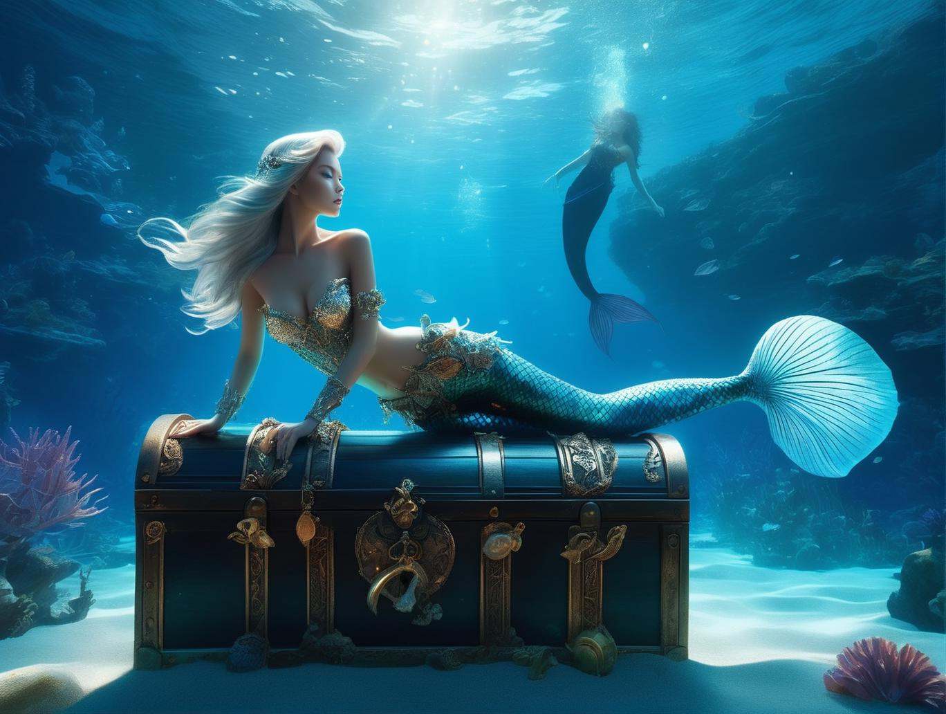 Descend into the depths of the ocean and discover an enchanting sight: a mesmerizing mermaid gracefully nestled upon a sun...