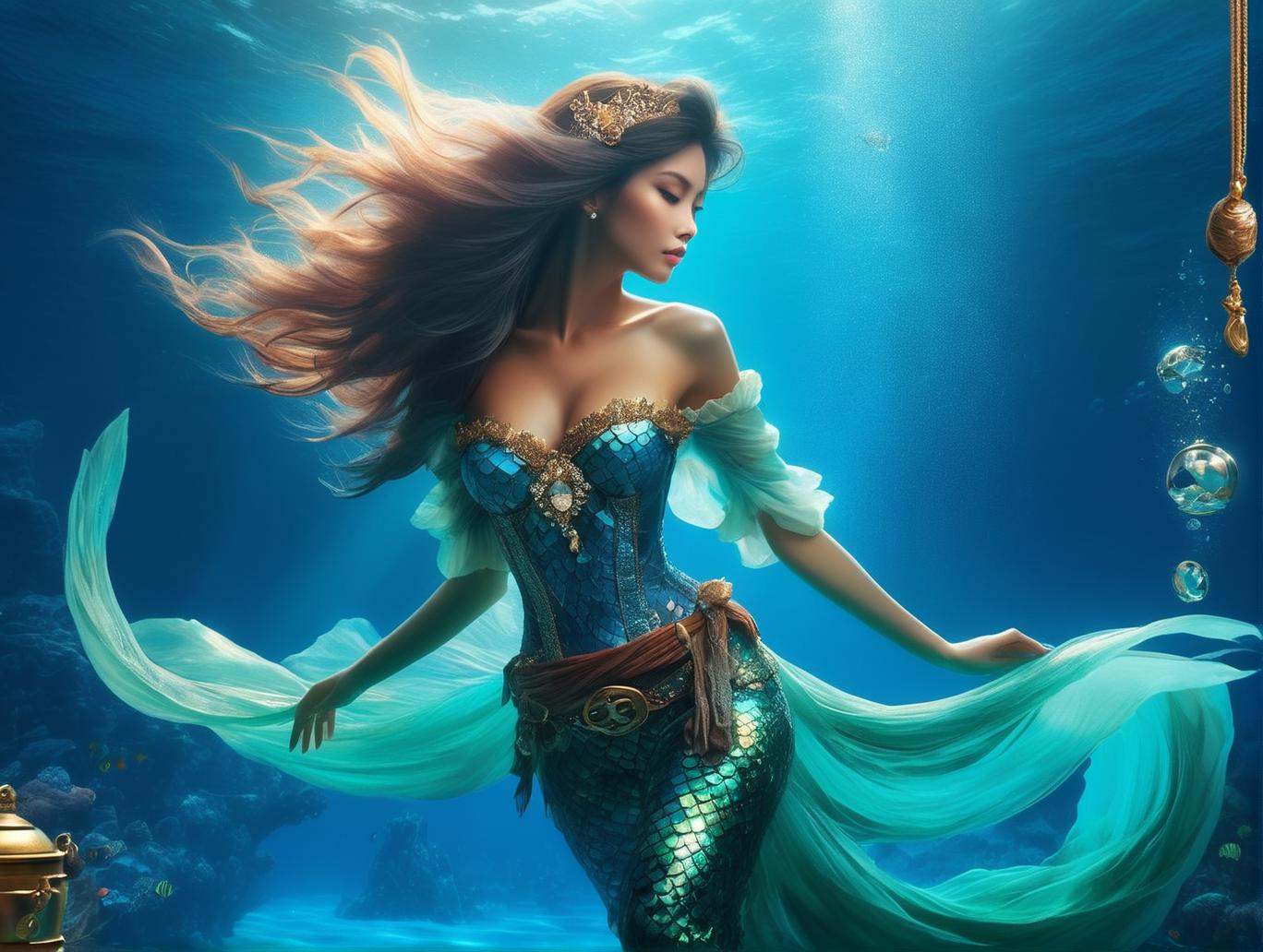 Descend into the depths of the ocean and discover an enchanting sight: a mesmerizing mermaid gracefully nestled upon a sun...