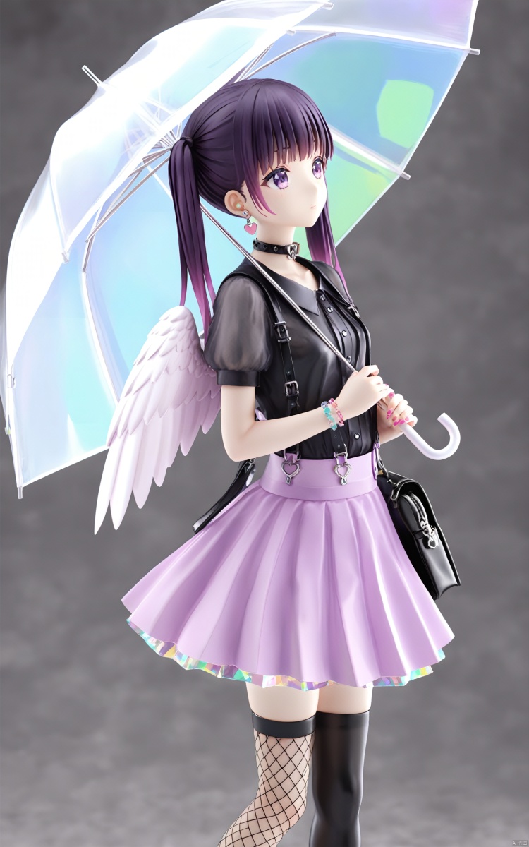  (masterpiece), (best quality), illustration, ultra detailed, hdr, Depth of field, (colorful), loli,PVC, 1girl, solo, skirt, umbrella, twintails, holding umbrella, transparent, holding, pink skirt, jewelry, wings, shirt, fishnets, black shirt, earrings, short sleeves, purple skirt, thighhighs, black hair, heart earrings, transparent umbrella, angel wings, heart, feathered wings, long hair, bangs, white wings, asymmetrical legwear, pink nails, bracelet, multicolored hair, standing, nail polish, choker, puffy sleeves, looking away, purple eyes, collar, grey background, heart o-ring, collarbone, puffy short sleeves, bag, heart choker, closed mouth, suspenders, looking to the side, black choker, feet out of frame, purple hair, pleated skirt, black thighhighs, backpack