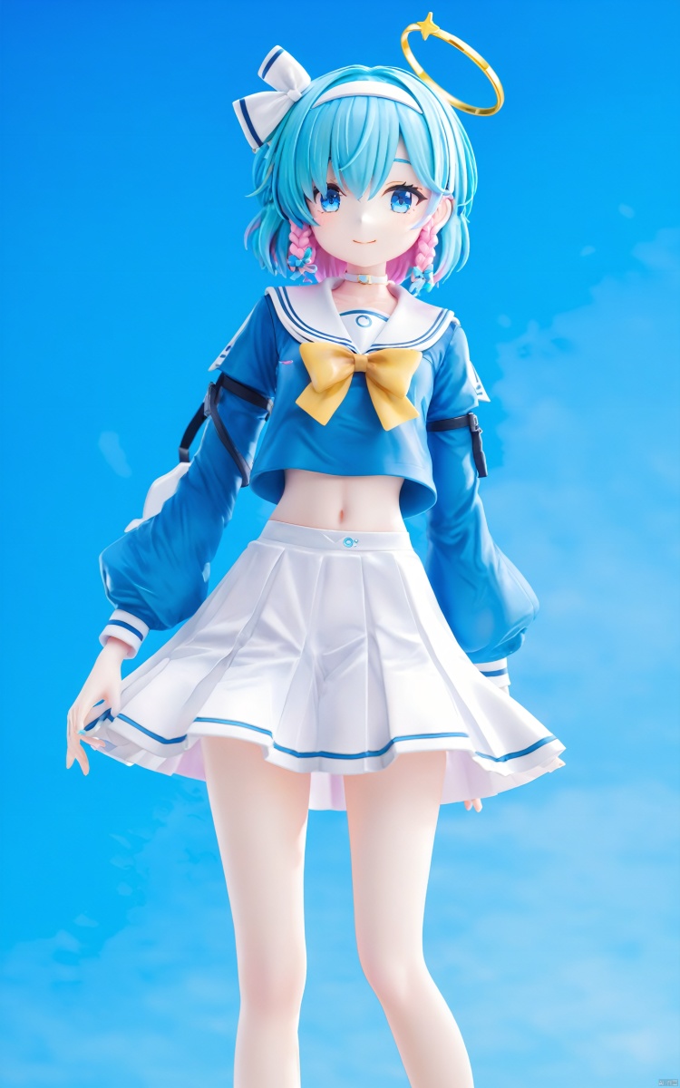 (masterpiece), (best quality), illustration, ultra detailed, hdr, Depth of field, (colorful), PVC, 1girl, arona (blue archive), solo, skirt, halo, white skirt, blue eyes, hair over one eye, blue hair, navel, multicolored hair, smile, shirt, blue shirt, sailor collar, pink hair, hairband, school uniform, braid, choker, looking at viewer, blue background, white choker, long sleeves, bow, two-tone hair, white sailor collar, serafuku, short hair, closed mouth, white bow, pleated skirt, midriff, bangs, puffy long sleeves, single braid, puffy sleeves, ribbon, white hairband, PVC,