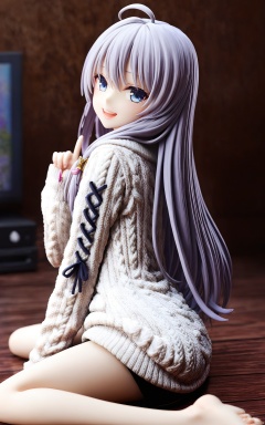 (masterpiece), (best quality), illustration, ultra detailed, hdr, Depth of field, (colorful), PVC, 1girl, elaina (majo no tabitabi), solo, long hair, ahoge, blue eyes, sweater, looking at viewer, smile, open mouth, sitting, wariza, index finger raised, long sleeves, hair between eyes, bangs, grey hair, white sweater, cable knit, aran sweater, teeth, upper teeth only, sleeves past wrists, barefoot,