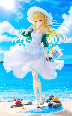 (masterpiece), (best quality), illustration, ultra detailed, hdr, Depth of field, (colorful), PVC, 1girl, blonde hair, crab, dress, long hair, blue eyes, hat, outdoors, white dress, day, green jacket, solo, beach, jacket, smile, sun hat, ocean, sky, standing, water, bag, blue sky, white headwear, sand, bare shoulders, open jacket, sundress, bangs, ribbon, holding bag, blush, sleeveless dress, off shoulder, blurry, closed mouth, holding, breasts, sleeveless, looking at viewer, cloud, full body, lens flare, open clothes, bare legs, very long hair, sandals, rock,