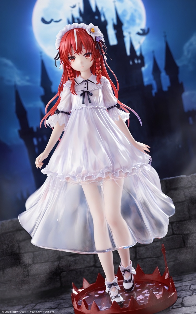 (masterpiece), (best quality), illustration, ultra detailed, hdr, Depth of field, (colorful), loli, PVC, 1girl, (loli:1.2), red eyes, white long translucent night gown, expressionless, (white hair), (hair cover one eye:1.2), long hair, red hair flower, blood, (ghost castle:1.5), (English text),
