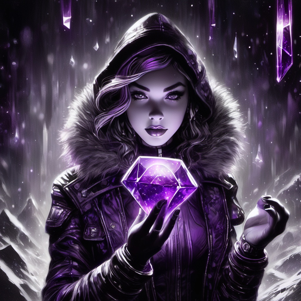 B&w,  1girl holding a floating purple crystal,  cyberpunk on Tensor.Art