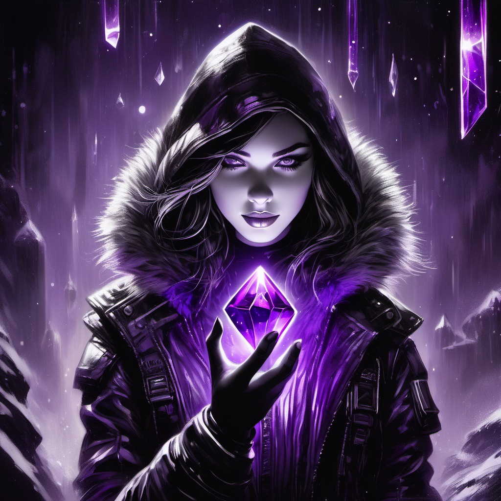 B&w,  1girl holding a floating purple crystal,  cyberpunk on Tensor.Art