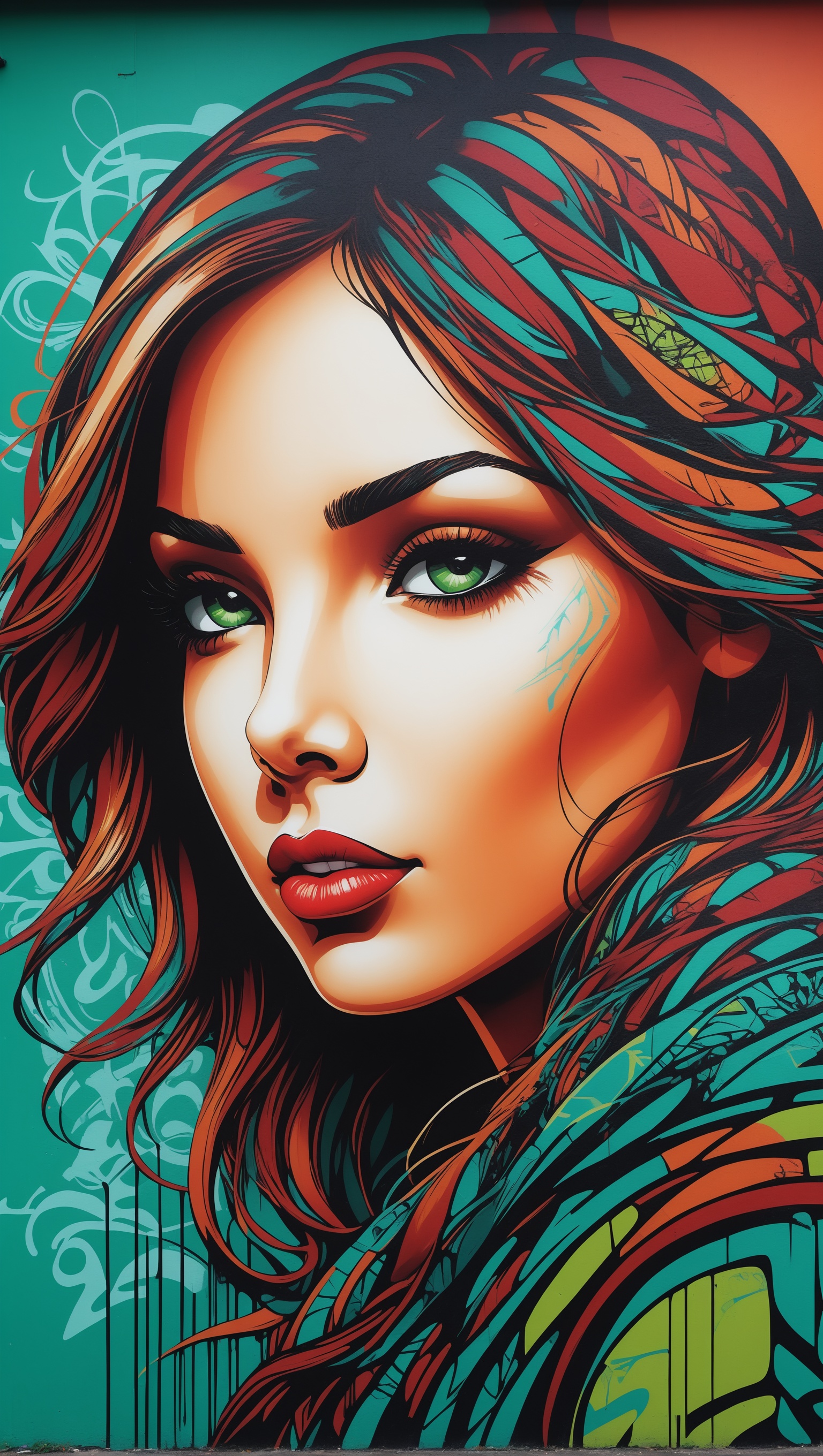 graffitiXL,  create a graffiti portrait of a beautiful woman on the wall,  girl in futuristic style by badabum27 on Tensor...