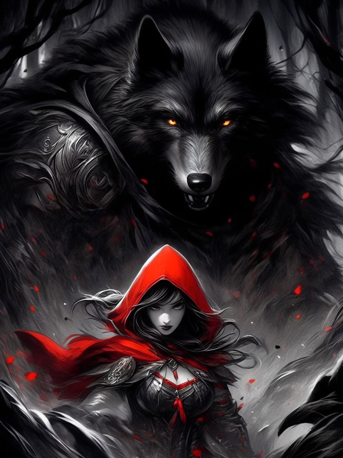 2colorpop,  red riding hood and the big bad werewolf! epic cloak blowing in the wind,  smirking on Tensor.Art