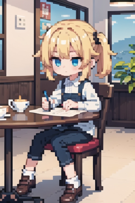 (masterpiece), pixels, pixel arts, chibi, (1girls), cafe,