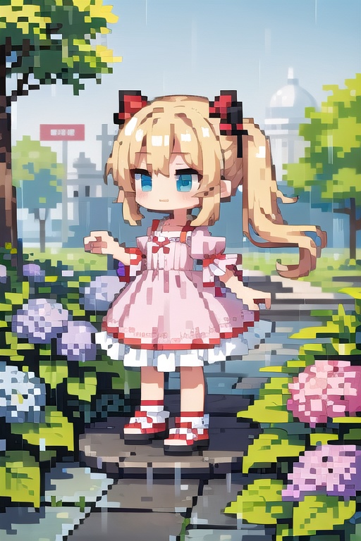 (masterpiece), pixels, pixel arts, chibi, (1girls), hydrangea, rain
