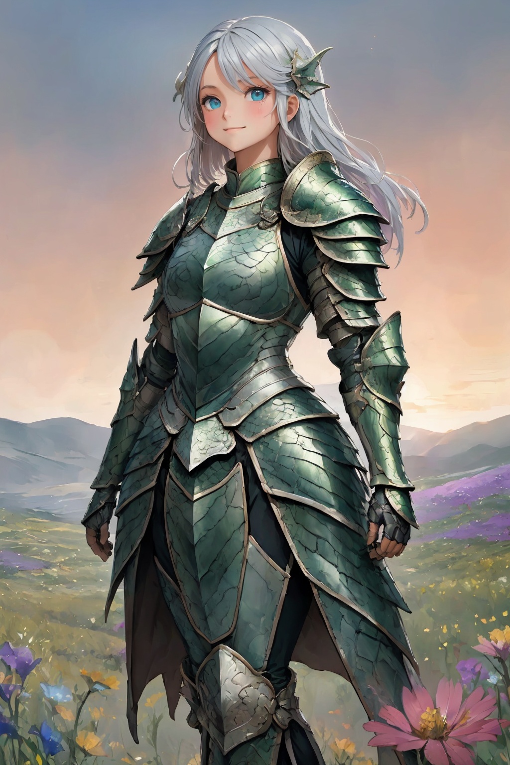 Watercolor illustration of a dreamy girl in armor,  walking in a field of wildflowers at sunsetAnime-style portrait of a t...