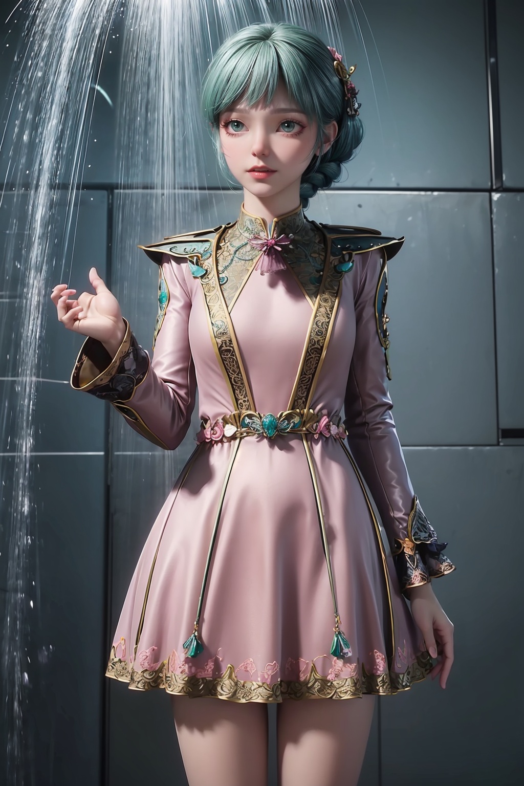 A girl wearing a pink dress is doing a standing a shower,  best quality,  masterpiece on Tensor.Art