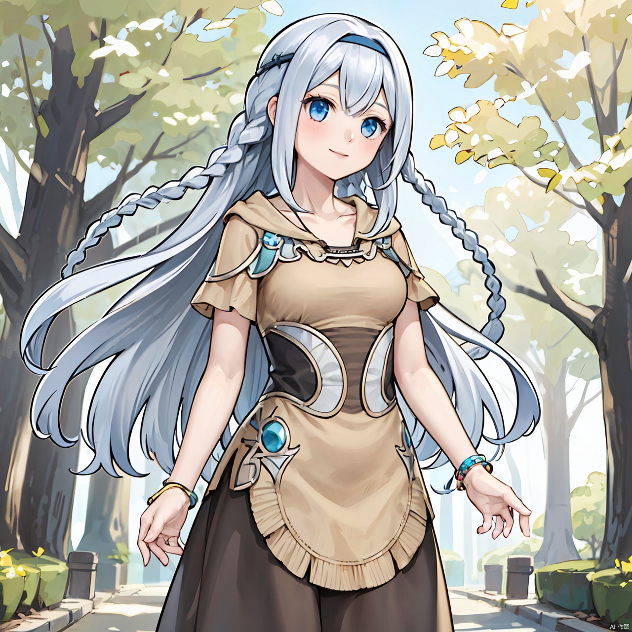masterpiece,  bestquality,  青眼,  1girl,  solo,  long hair,  breasts,  smile,  blue eyes,  dress,  jewelry,  very long hair,  collarbone,  braid,  white hair,  tree,  headband,  nature,<lora:EMS-288706-EMS:0.600000>