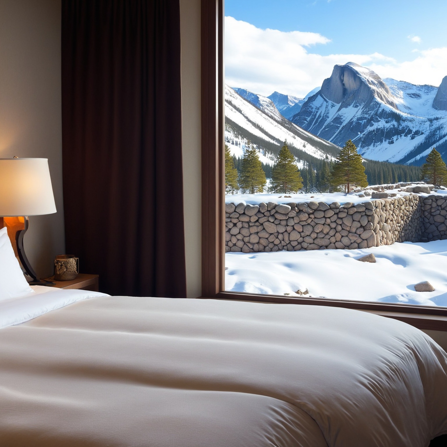 ((Hyper-Realistic)) photo of a bedroom of winter resort,  indoors,  bed on Tensor.Art