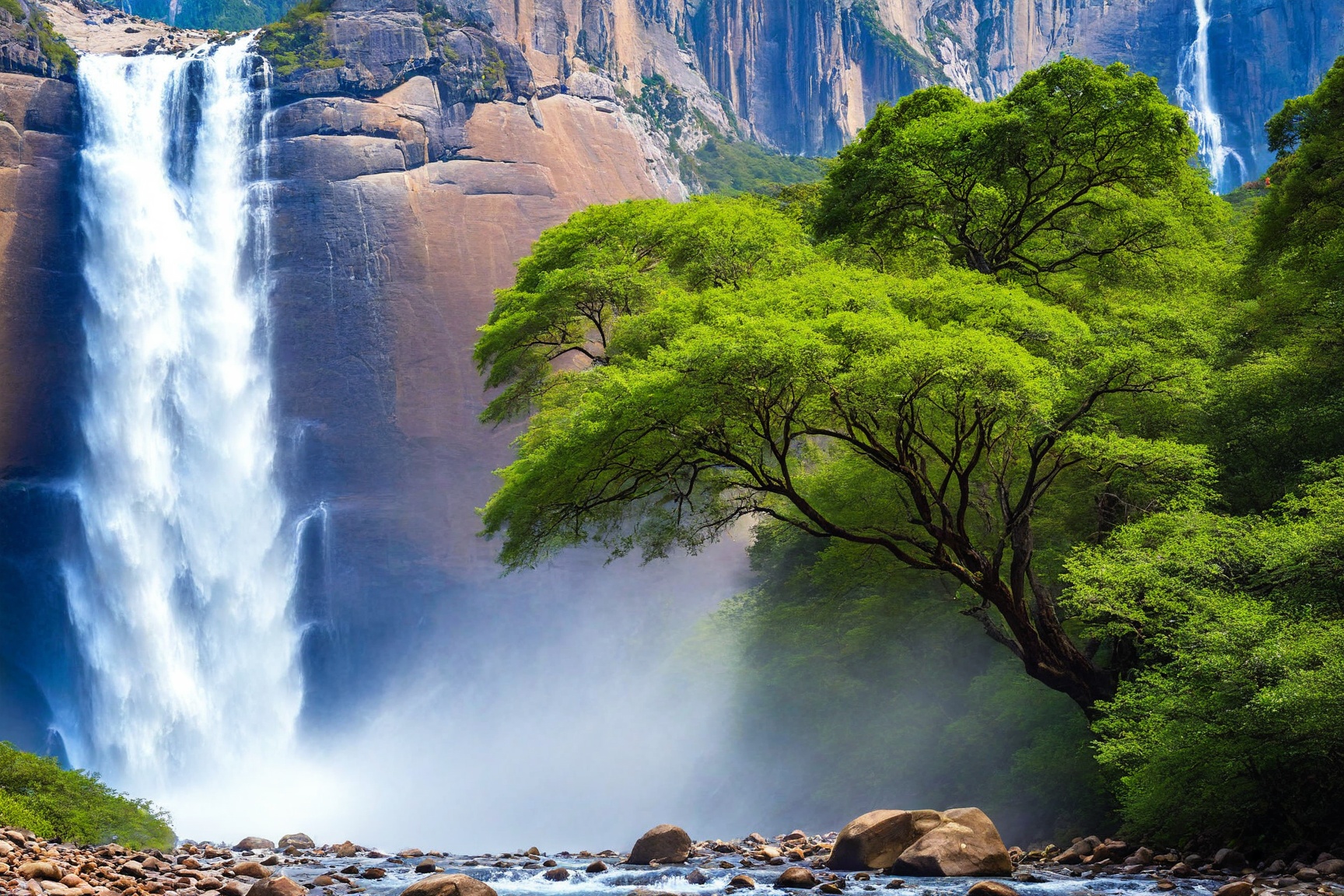 ((Hyper-Realistic)) photo of waterfall in national park,  mountain,  rock and trees near the waterfall BREAK aesthetic on...
