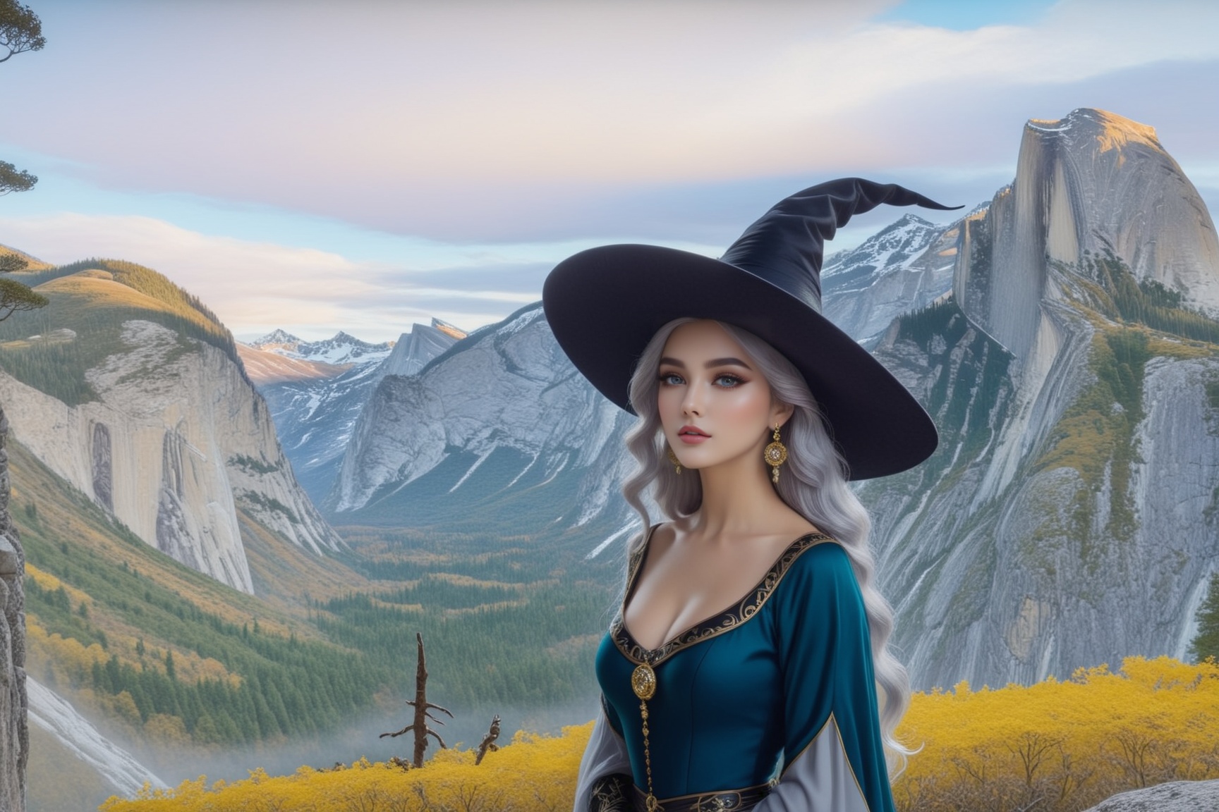 ((Ultra-Detailed)) Photography of a sophisticated witch \(sp.ed.ogInky1\) standing in a vista point of a national park,  w...