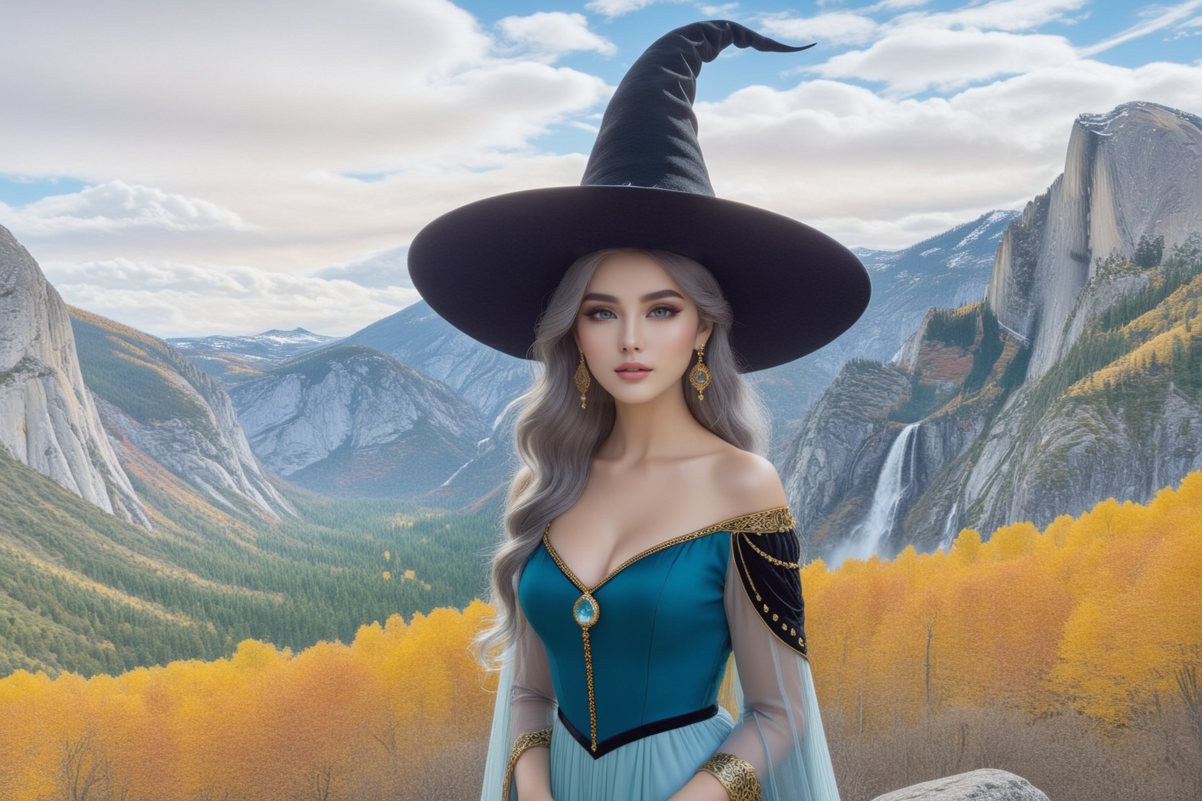 ((Ultra-Detailed)) Photography of a sophisticated witch \(sp.ed.ogInky1\) standing in a vista point of a national park,  w...