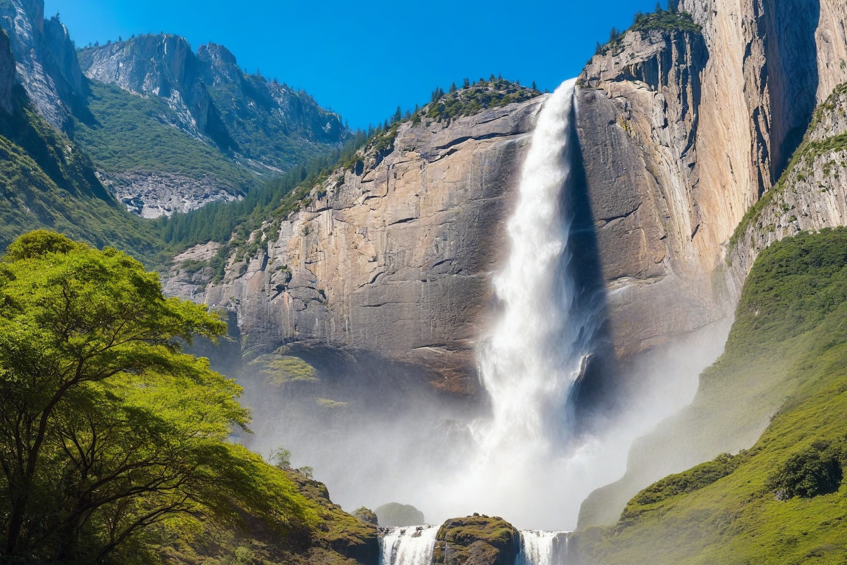 ((Hyper-Realistic)) photo of waterfall in national park,  mountain,  rock and trees near the waterfall BREAK aesthetic on...