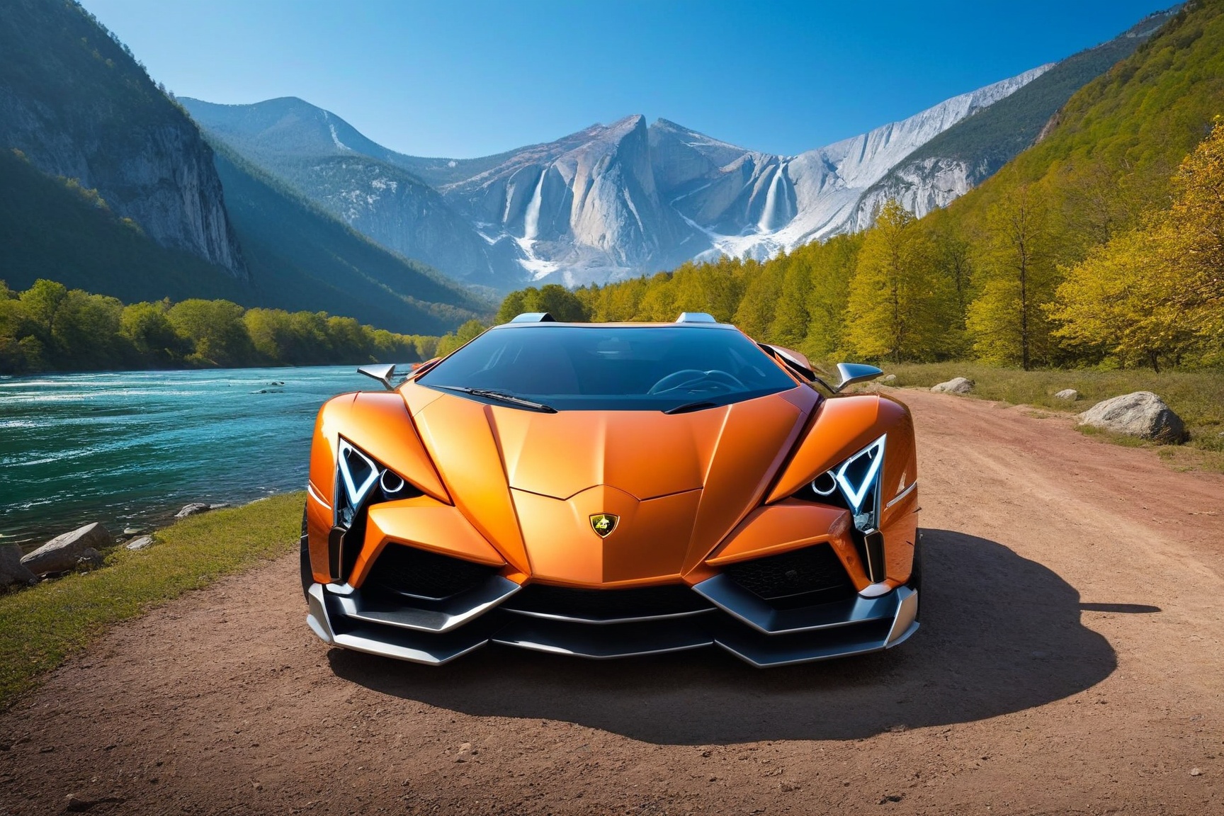 ((Hyper-Realistic)) photo of 1 car \(2013 Lamborghini Egoista designed by Walter de Silva\) parked,  (backdrop: beautiful...
